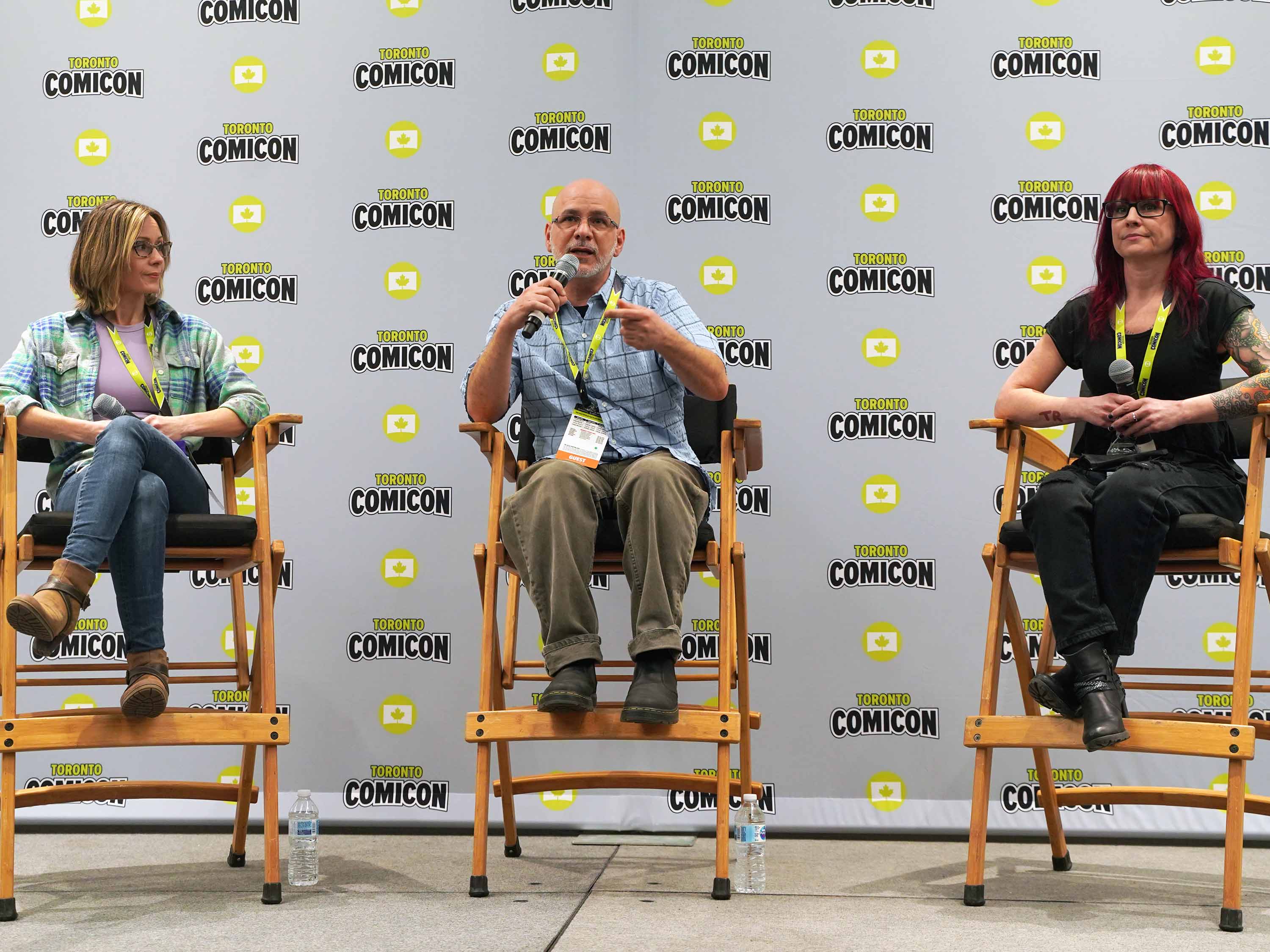 DEGRASSI STARS sitting on Directors Chairs holding microphones while answering a question
