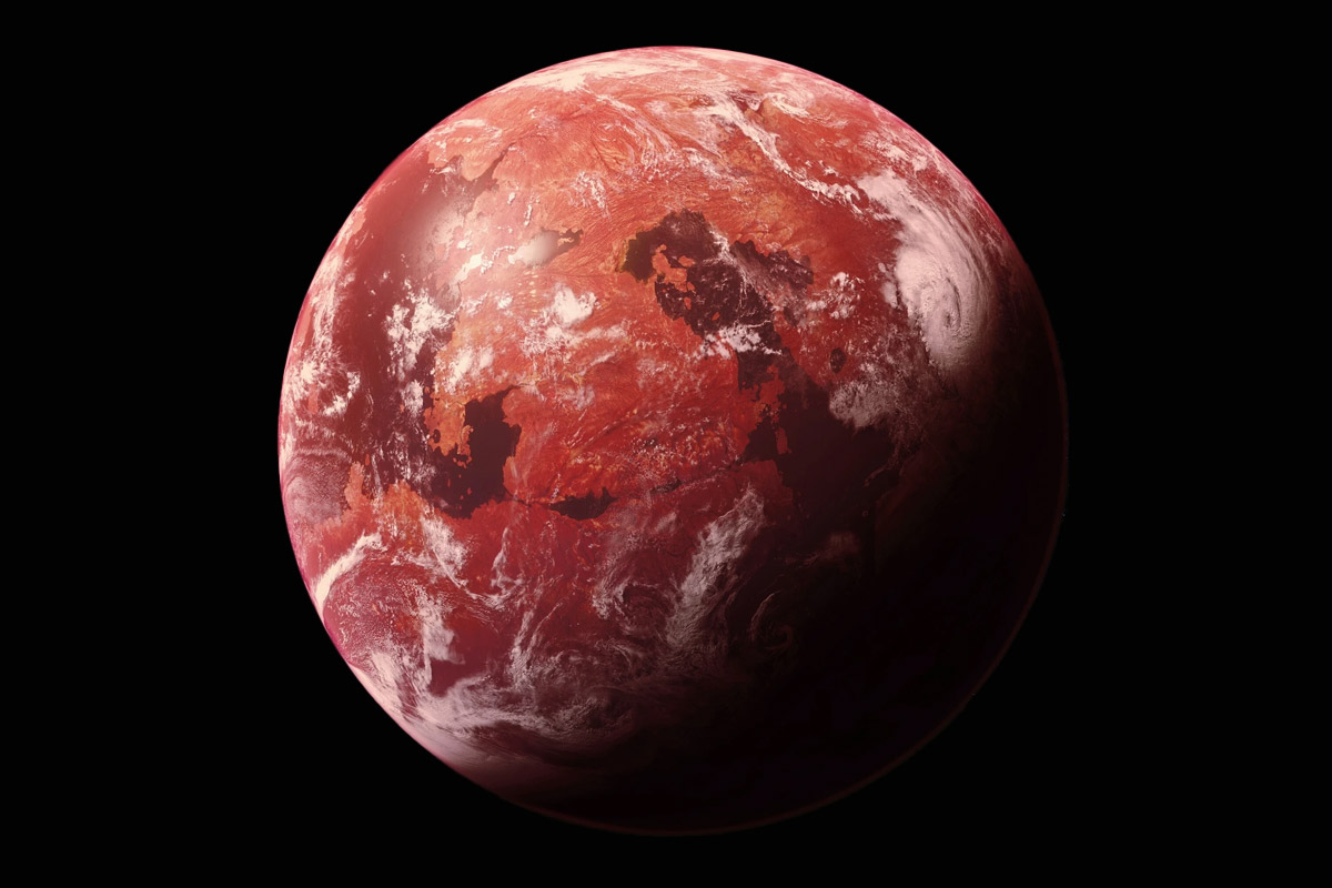 A red planted with dark red lakes floating in space