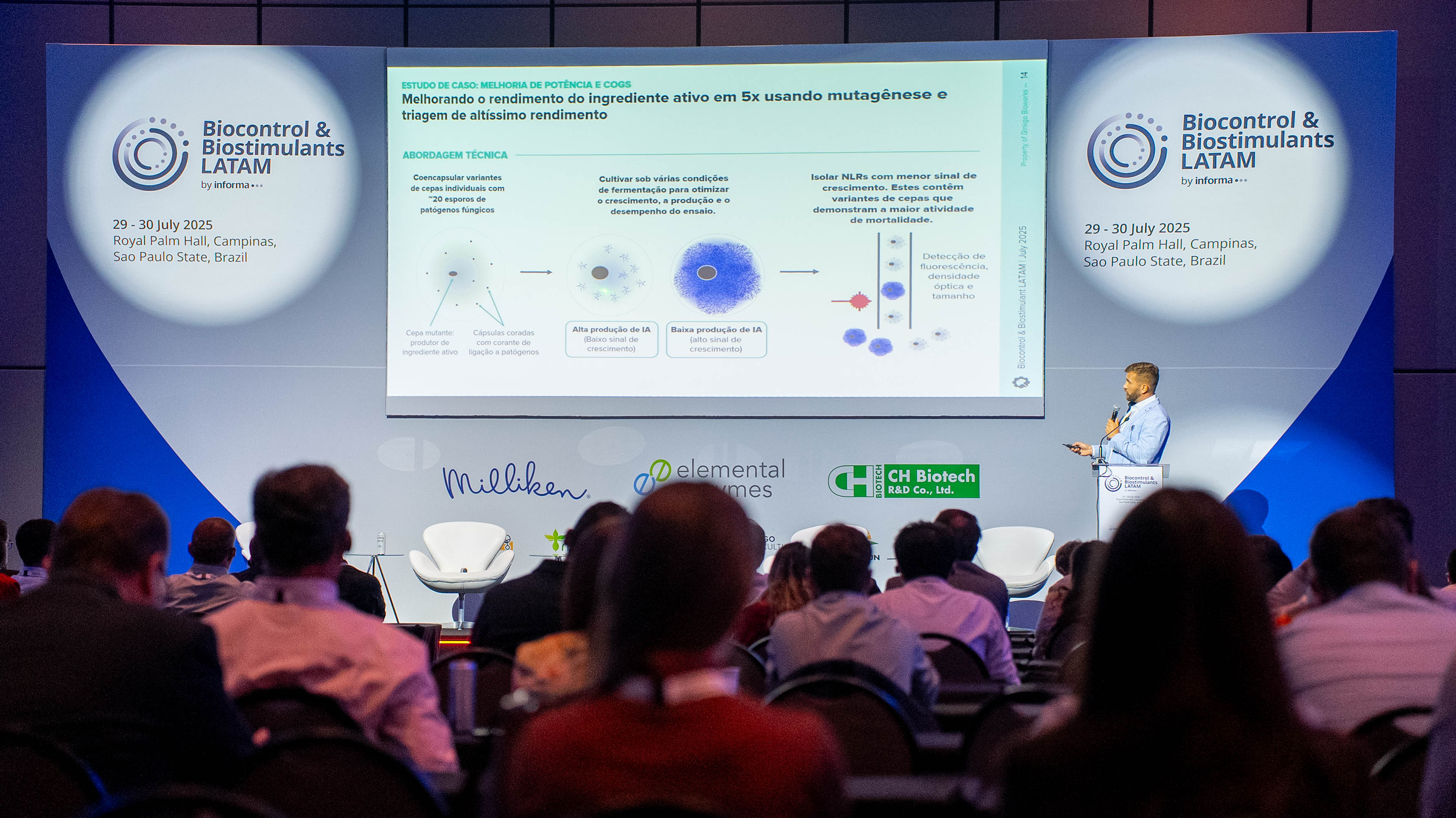 Speaker presenting on stage at Biocontrol & Biostimulants LATAM during a technical session on bioinputs.