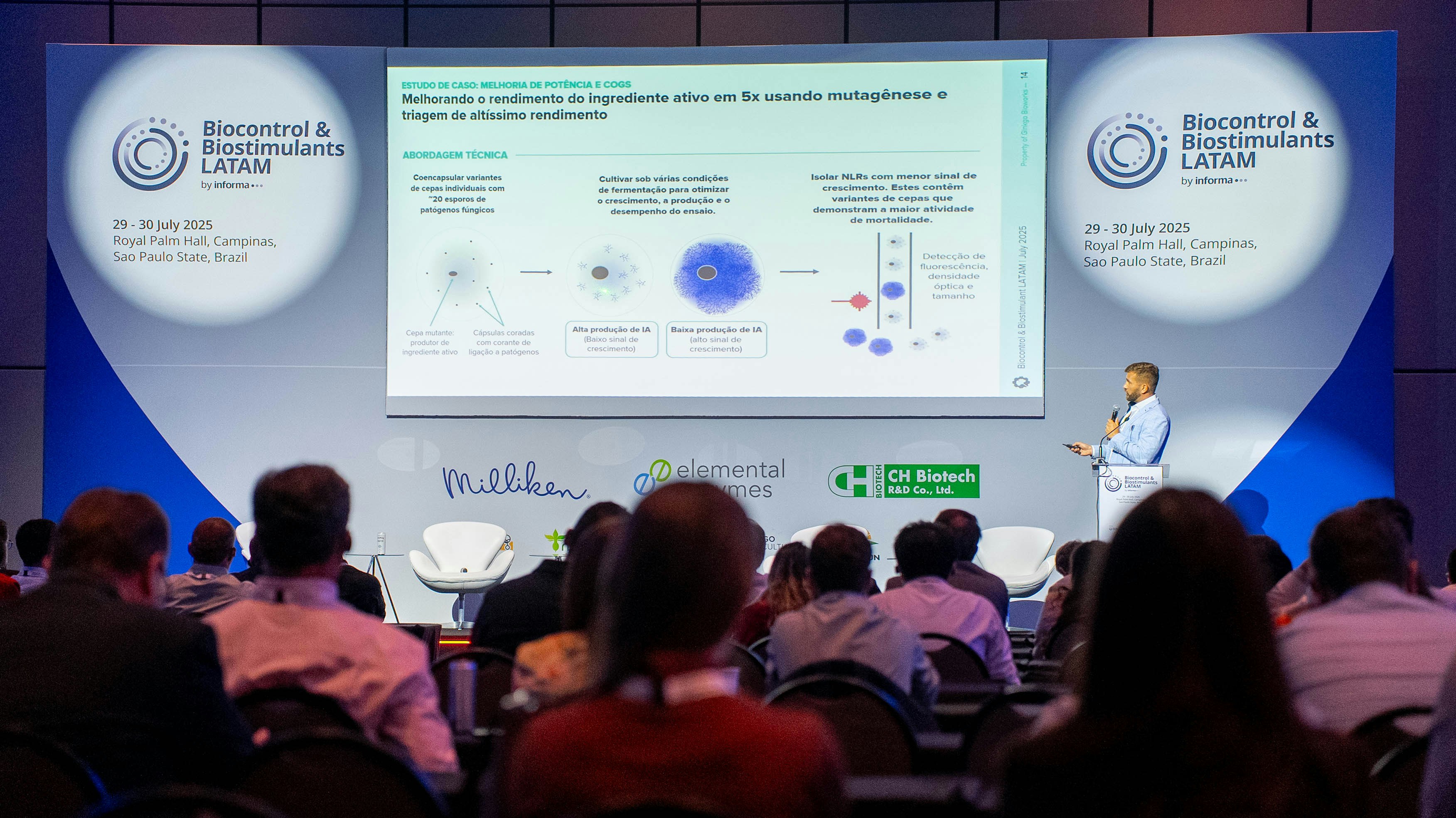 Speaker presenting on stage at Biocontrol & Biostimulants LATAM during a technical session on bioinputs.