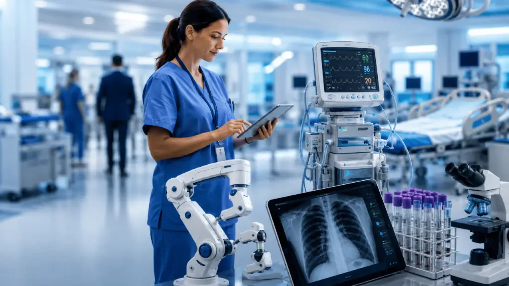 Profissional de saúde utilizando tablet em ambiente hospitalar de alta tecnologia com braços robóticos e monitores de sinais vitais. Ilustra técnicas e equipamentos de diagnósticos inovadores da Hospitalar 2026.