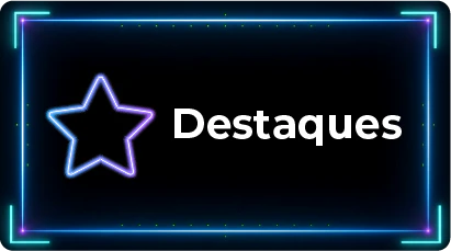 Botão de interface digital para download ou visualização, apresentando um ícone de estrela em neon multicolorido com barras internas, ao lado do texto branco 'Destaques'. O design segue o padrão futurista com cantos luminosos em azul ciano.