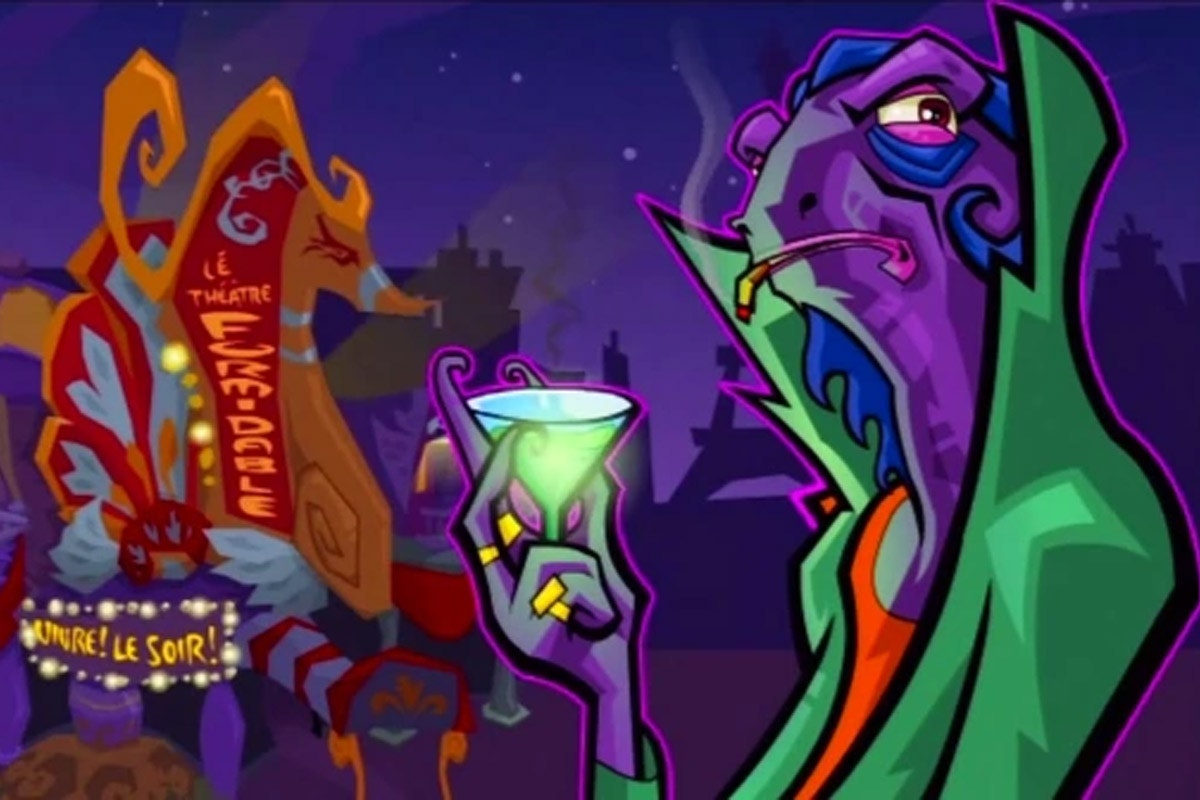 A slimey purple lizard wearing a green jumpsuit holds a glowing green drink