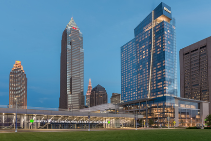 Picture of the outside of the Huntington Convention Center of Cleveland at dusk