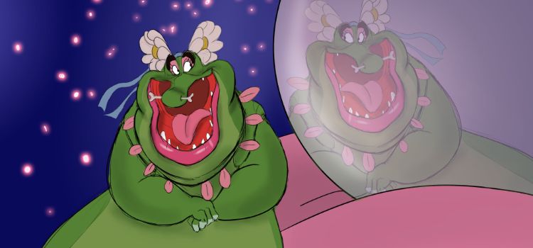 large alligator wearing makeup looking in a mirror