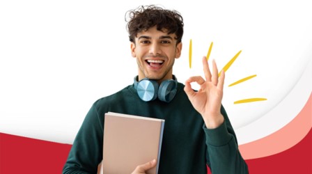 Smiling student at Najah Doha 2025, Qatar National Convention Centre, connecting with international universities and academic programs.