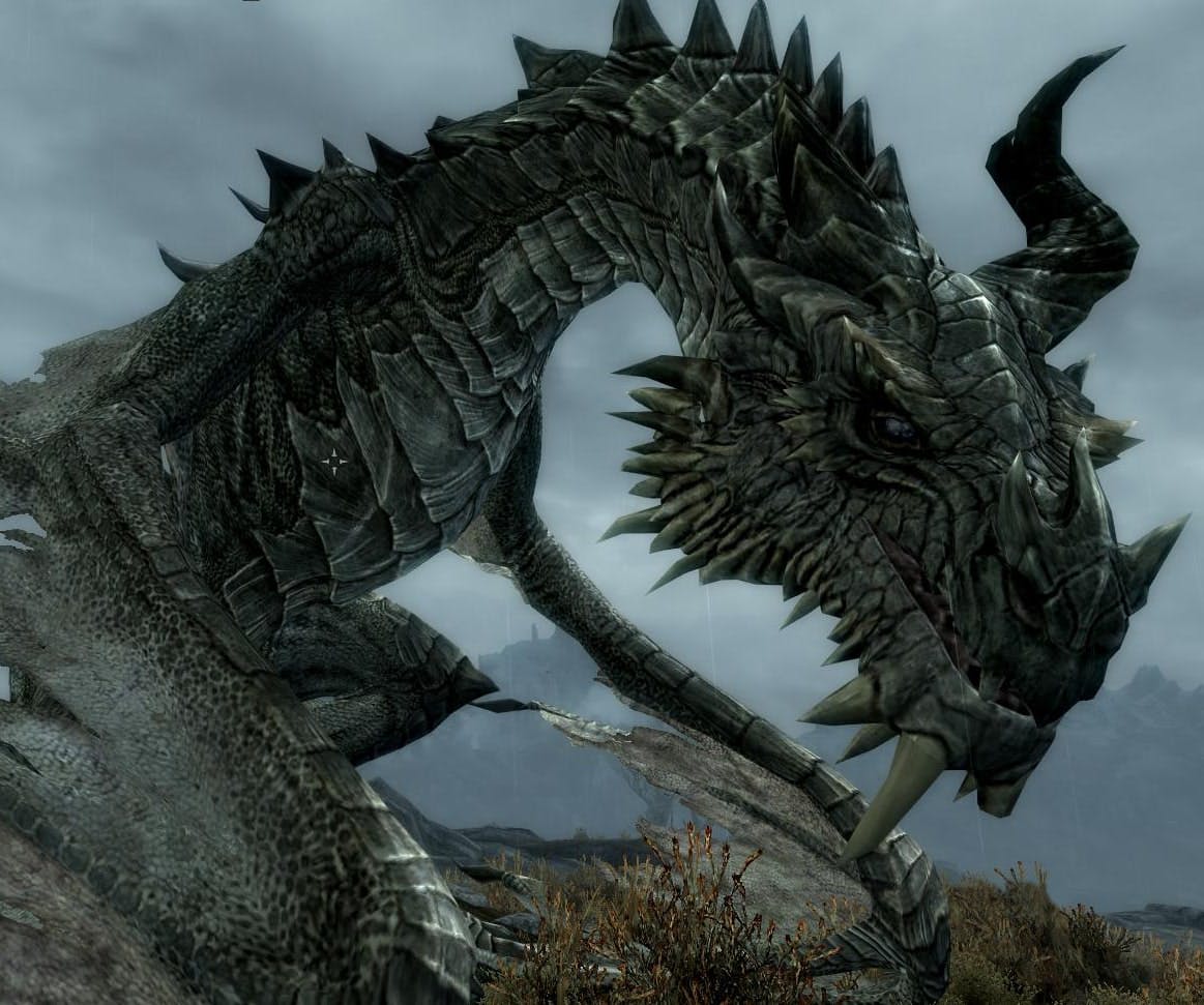 A large grey dragon with scales and teeth sitting on the ground