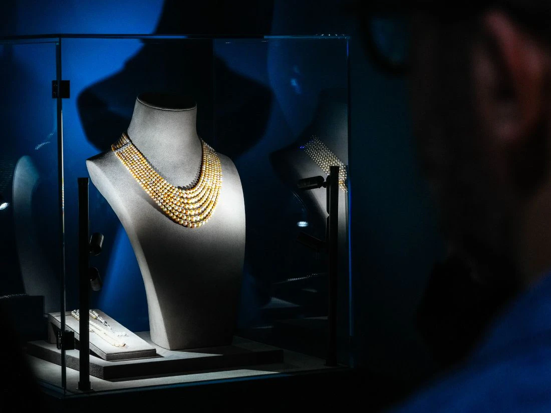 pearl necklace in jewellery showcase