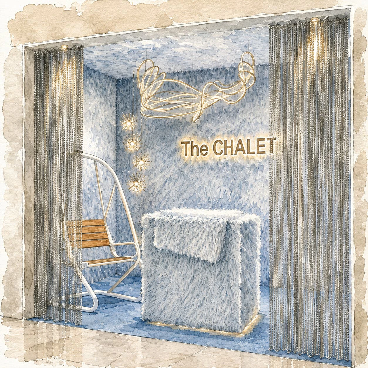 watercolour image of bar entrance in ligh blue colour