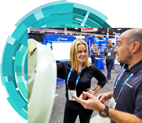 Tradeshow attendee looking at a product being showcased at the show