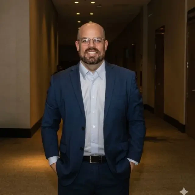 Edson Soares, palestrante do Healthcare Innovation Show, vestindo terno azul e óculos