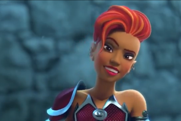 Daria with a red short haircut and armor, tilting her head in a and looking interestingly at the camera.