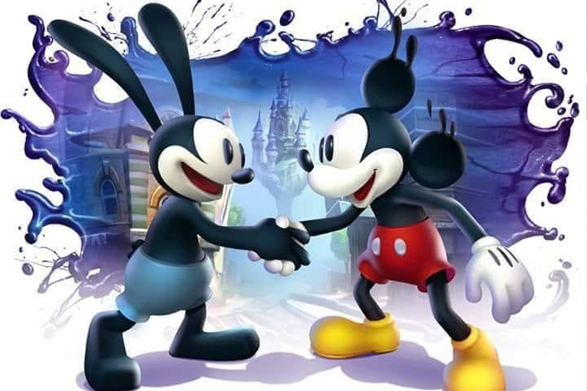 Mickey Mouse and Oswald Rabbit shake hands in front of a animated Disney castle
