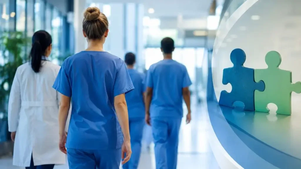 Profissionais de saúde caminhando em corredor hospitalar ao lado de gráfico com peças de quebra-cabeça representando retenção de talentos e trabalho em equipe.