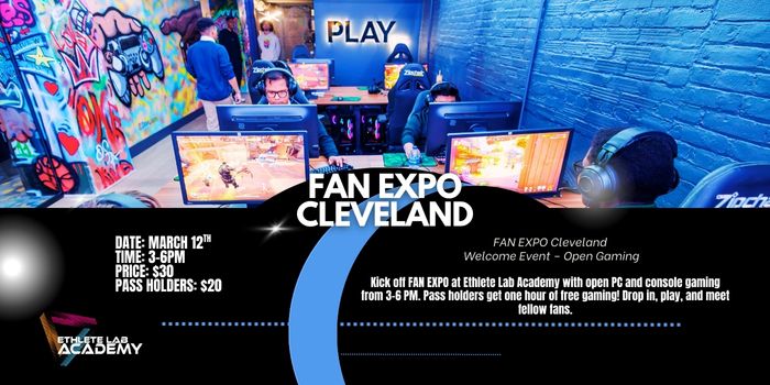 A gaming lounge setup features PC and console stations with large monitors, controllers, and seating. Blue lighting and event signage create an energetic kickoff party atmosphere at FAN EXPO Cleveland.