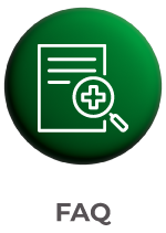 Botão circular verde com ícone de uma folha de papel e uma lupa com uma cruz médica, e o texto 'FAQ' abaixo.