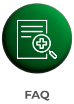 Botão circular verde com ícone de uma folha de papel e uma lupa com uma cruz médica, e o texto 'FAQ' abaixo.