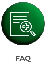 Botão circular verde com ícone de uma folha de papel e uma lupa com uma cruz médica, e o texto 'FAQ' abaixo.