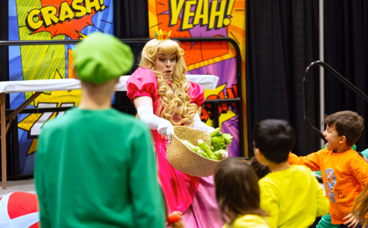 Princess Peach dropping vegetables from a basket