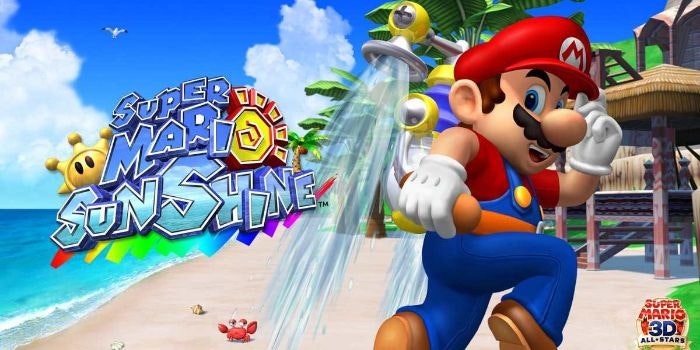mario jumping into the air with a water jet back on a beach