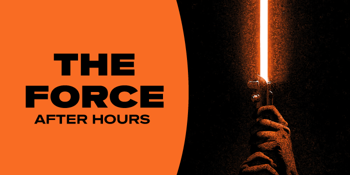 A glowing orange lightsaber is held upright against a dark background, its light illuminating a hand gripping the hilt. The dramatic image represents a Star Wars–themed after-hours sci-fi event at FAN EXPO Cleveland.