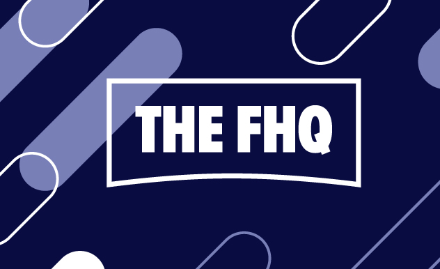 navy blue background, with ovals colored in white and violet-blue, with white text on top that says "THE FHQ"