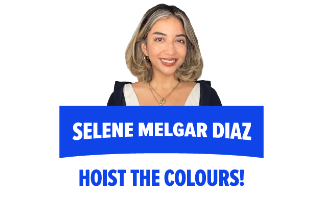 Dusti Tramantano poses with the words "When I get get,  I stop being sad and be awesome instead." written beside her in repeating blue and black text.