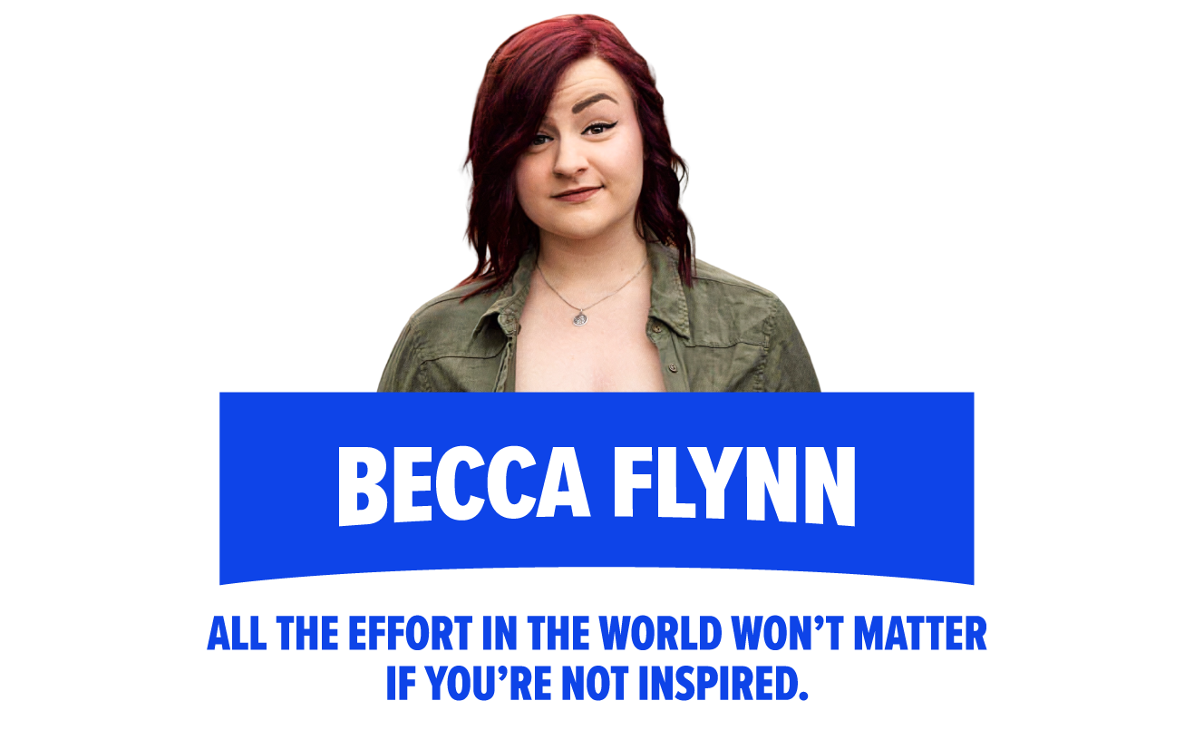 Karli Irvine smiles in a black sweater and glasses with the words“FEAR IS THE MIND KILLER.” written on the right