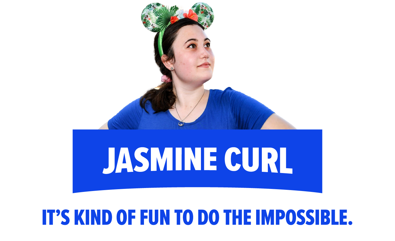 Dusti Tramantano poses with the words "When I get get,  I stop being sad and be awesome instead." written beside her in repeating blue and black text.