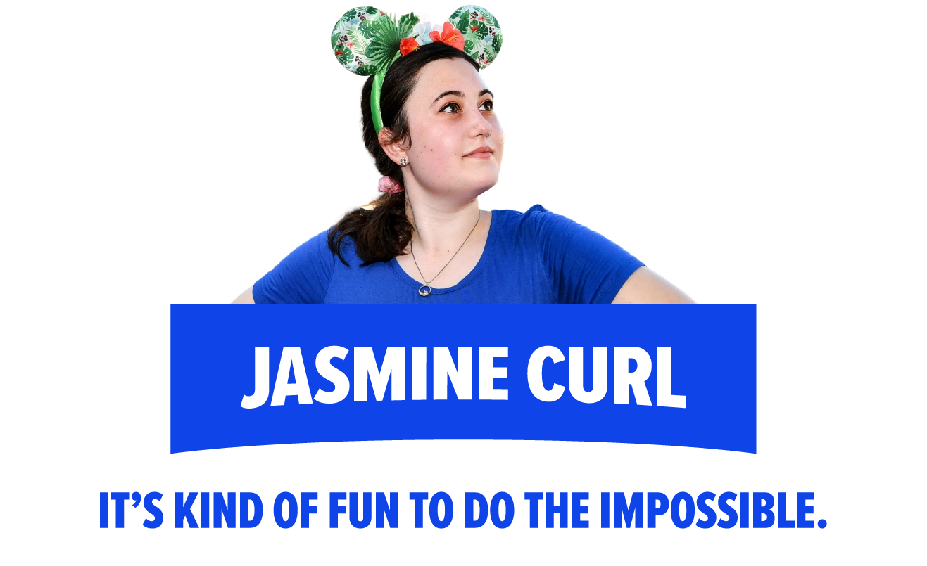 Dusti Tramantano poses with the words "When I get get, I stop being sad and be awesome instead." written beside her in repeating blue and black text.