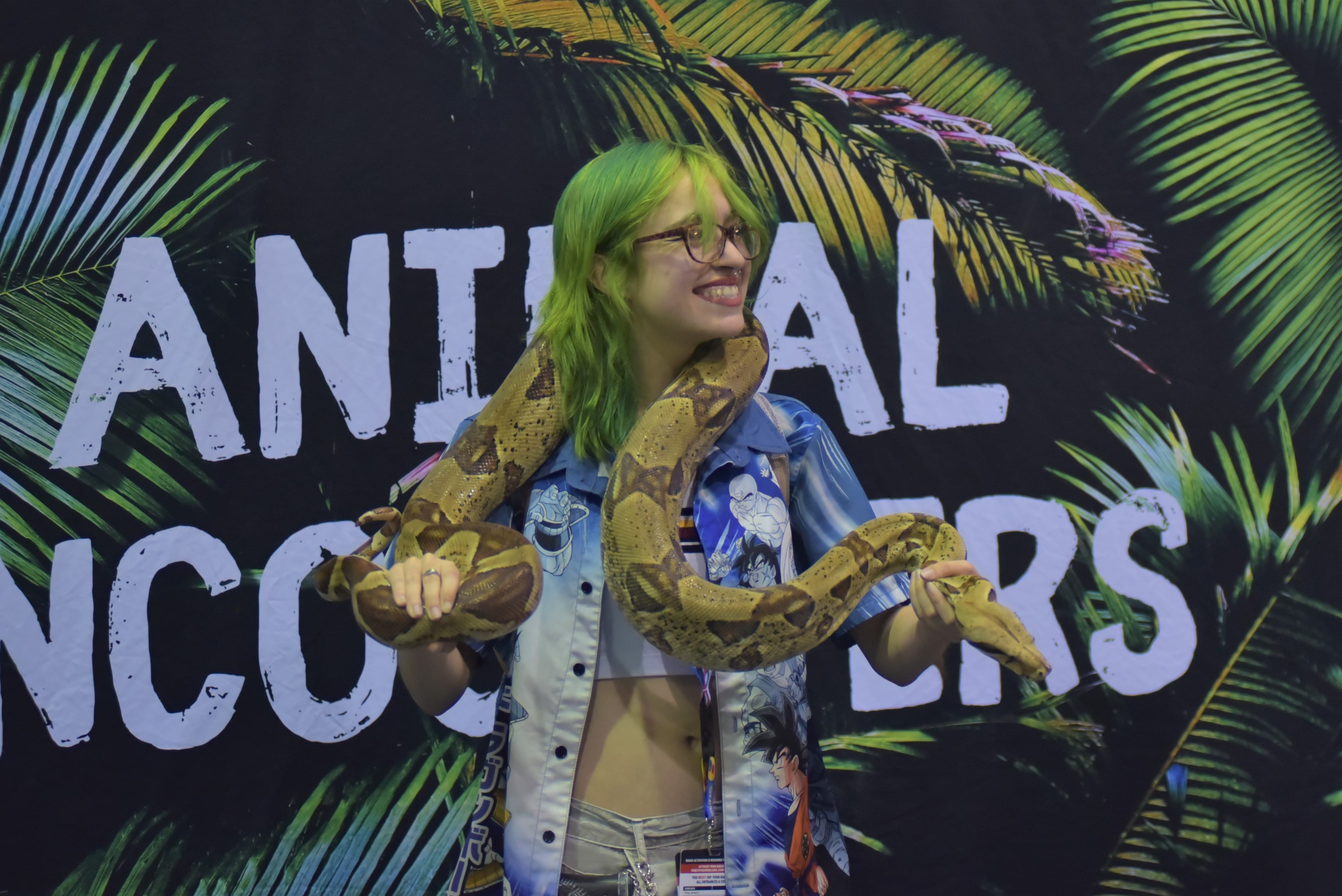 Someone posing with the snake at the Animal Encounters activiation in the Family Zone.