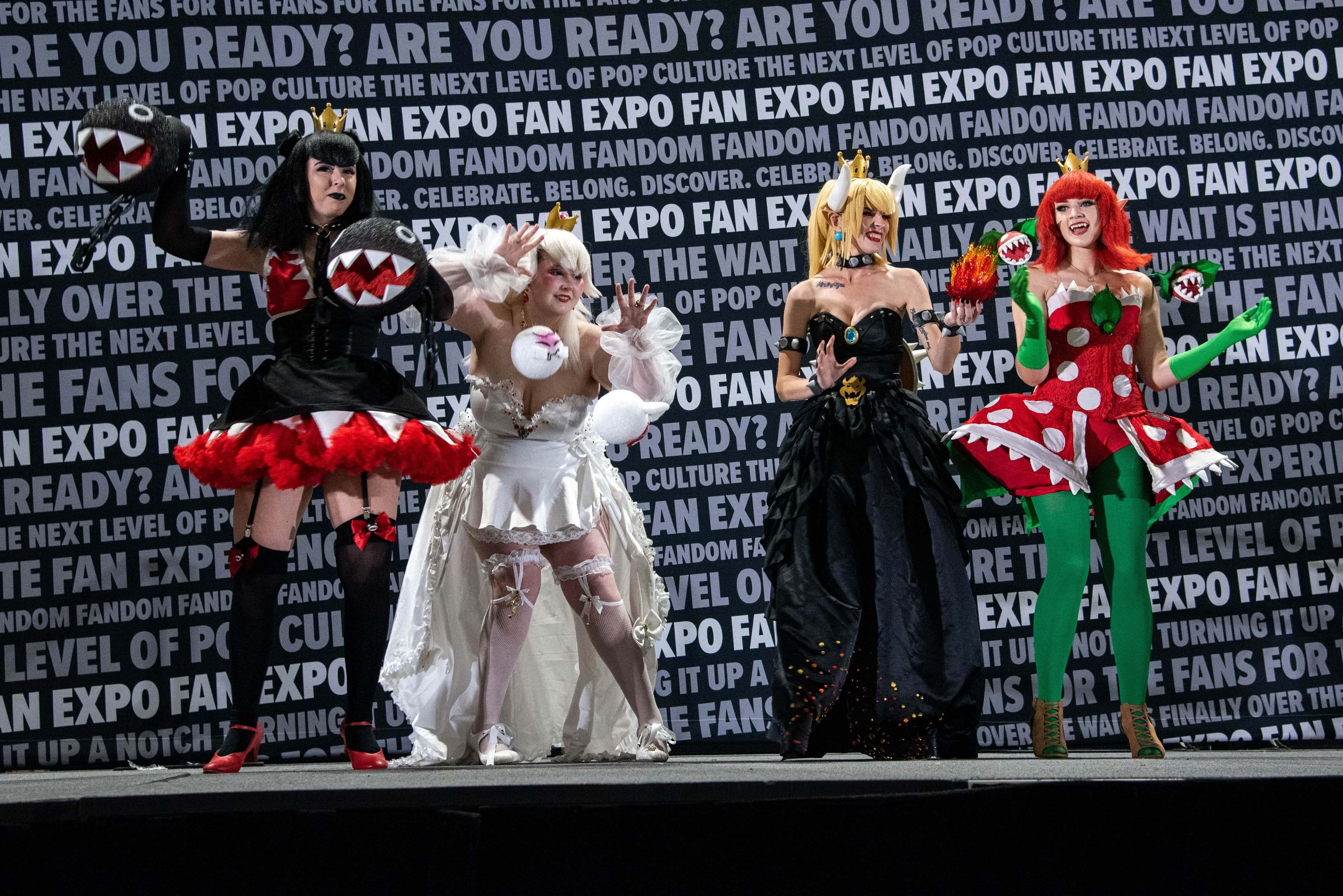 A group cosplay on the stage of the Cosplay Craftsmanship Cup, cosplaying as Super Mario villains that have been "transformed".