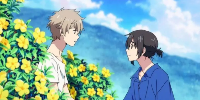two young men staring lovingly at each other near a flowering bush