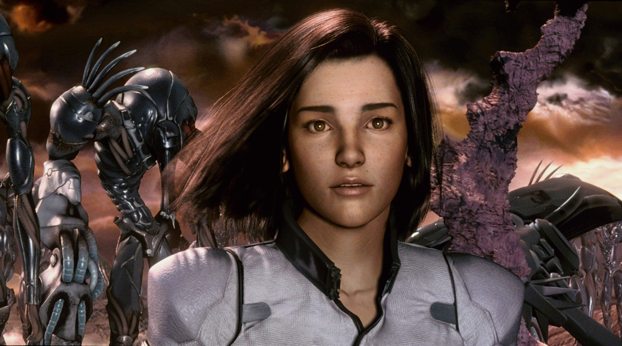 Center is Doctor Aki Ross in a gray suit, hair blowing in the wind. The sky is dark and full of clouds. Behind her are many robots and a purple rock..