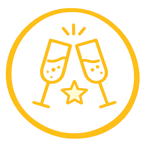 Gold champagne glasses clinking with a star icon representing VIP experiences, exclusive events, and premium conference perks.