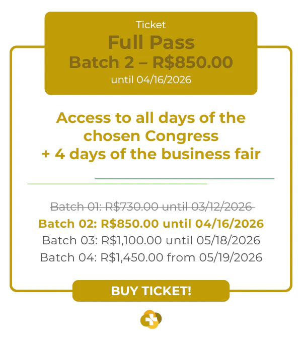 Card de ingresso 'Full Pass' para a Hospitalar 2026. Oferece acesso a todos os dias do congresso escolhido mais 4 dias de feira de negócios. Lote 1 por R$ 730,00 até 12/03/2026, com lotes subsequentes até R$ 1.450,00. Botão: Comprar Ingresso.