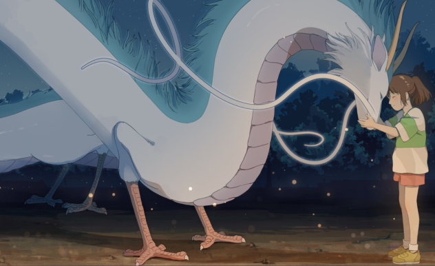 Haku (dragon) greets Chihiro as she cups his face. Both have their eyes closed as they share a sweet moment. 