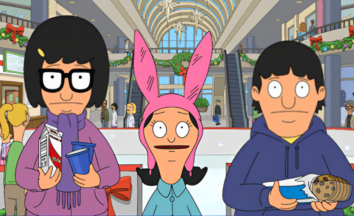 L-R: Tina, Louise, and Gene stand in front of an indoor skating rink, pleading to Santa. Tina is holding milk and cups, and Gene is holding cookies.