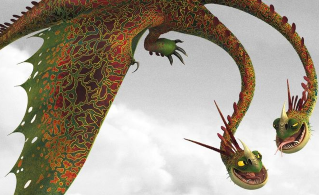 A two headed green and orange drag flies through the clouds. The two heads smile at each other.