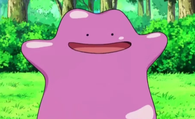 Ditto stands, with its arms outstretched, mouth in an open smile