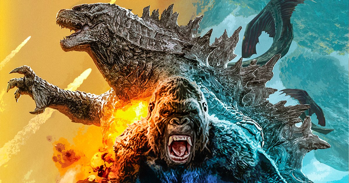 A poster featuring Godzilla screaming and dodging attacks while King Kong stands infront, also screaming