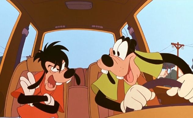 Max & Goofy from The Goofy Movie sitting in a car