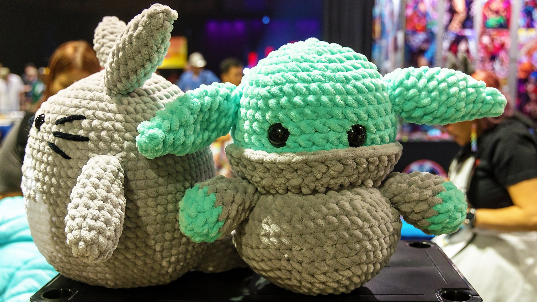 Knit plushies of Grogu and Todoro