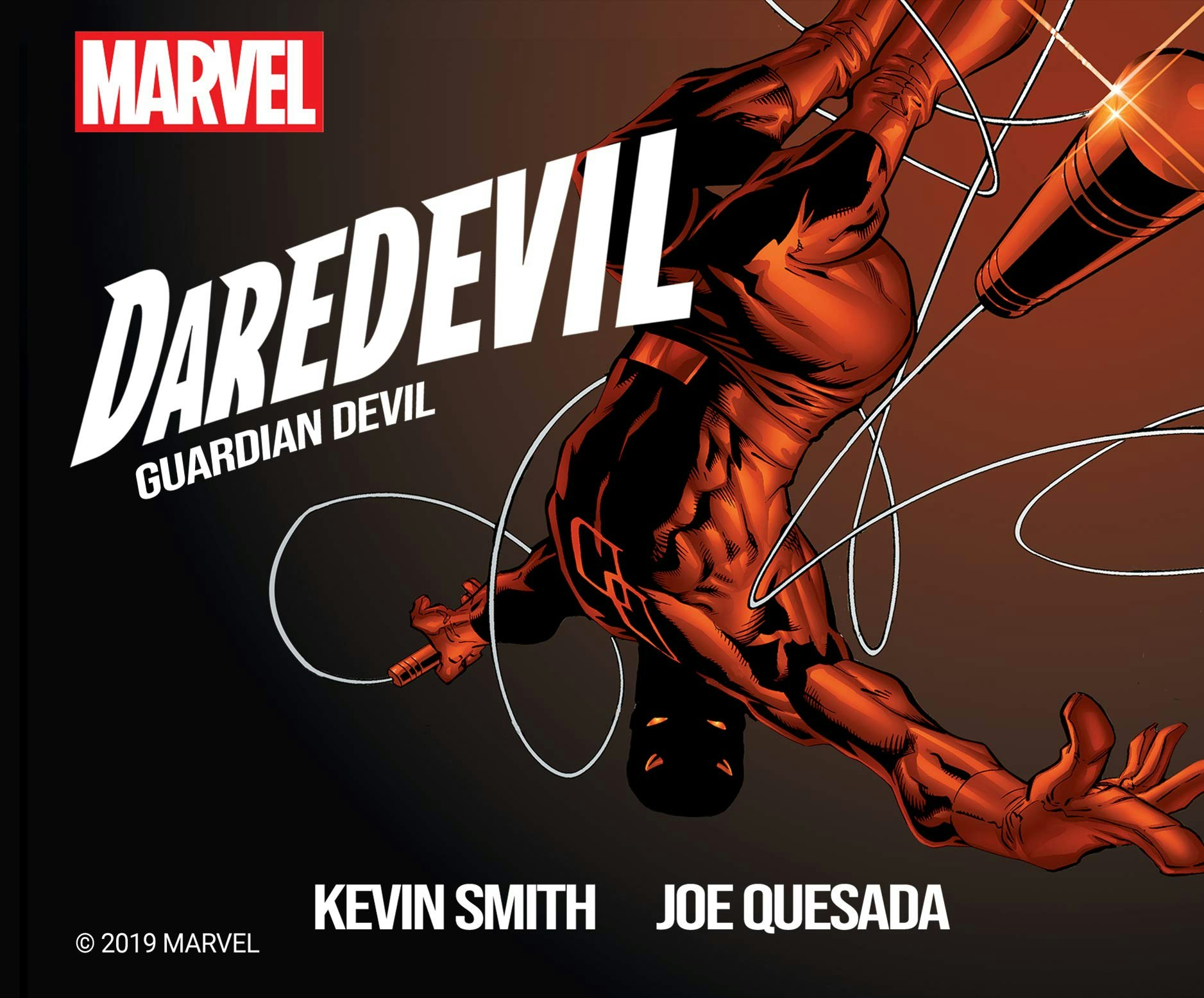 Caption: Daredevil Guardian Devil. The image is of Daredevil in mid jump (upside down). Underneath are the names Kevin Smith and Joe Quesada.