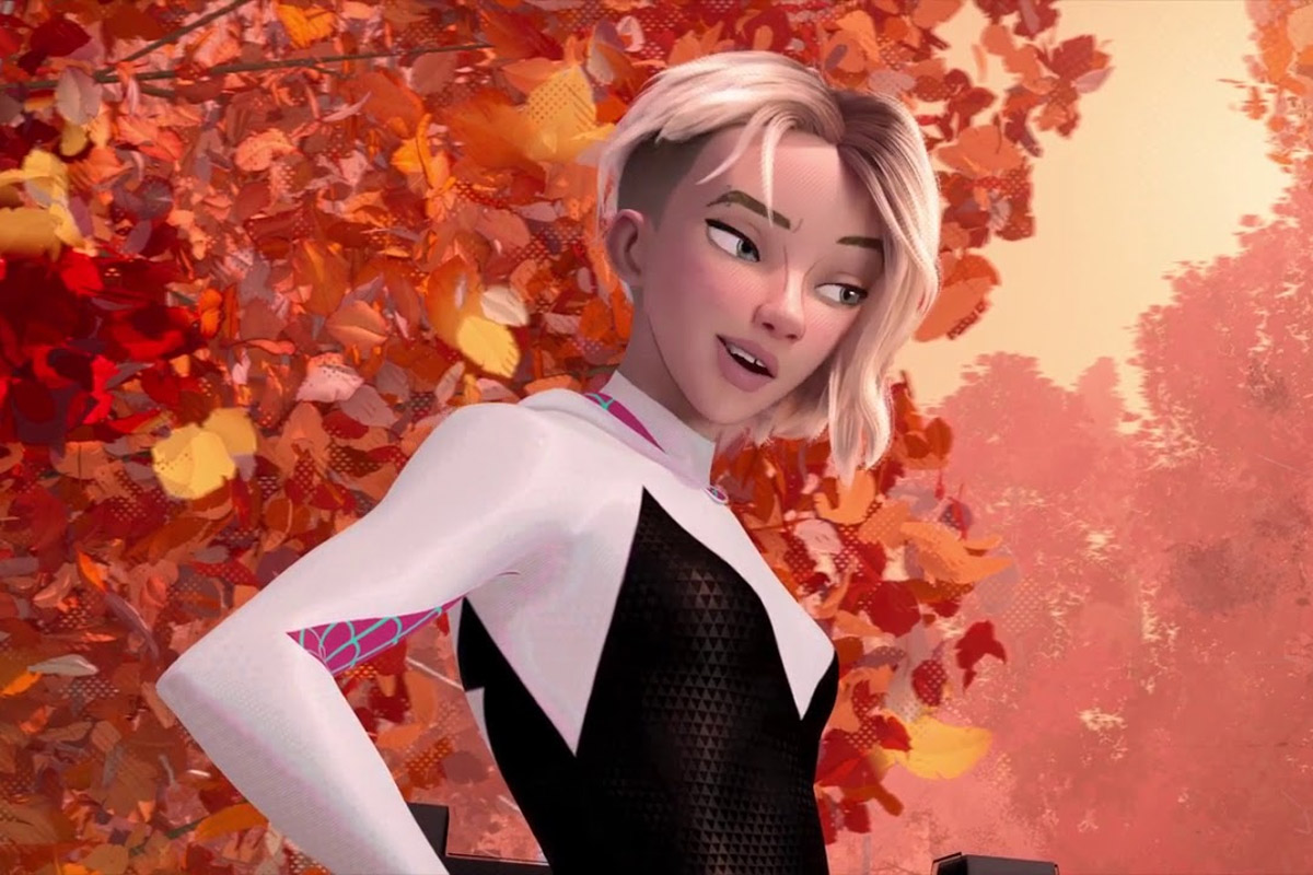 Gwen in her black & white spider suit with a fall leaves backdrop