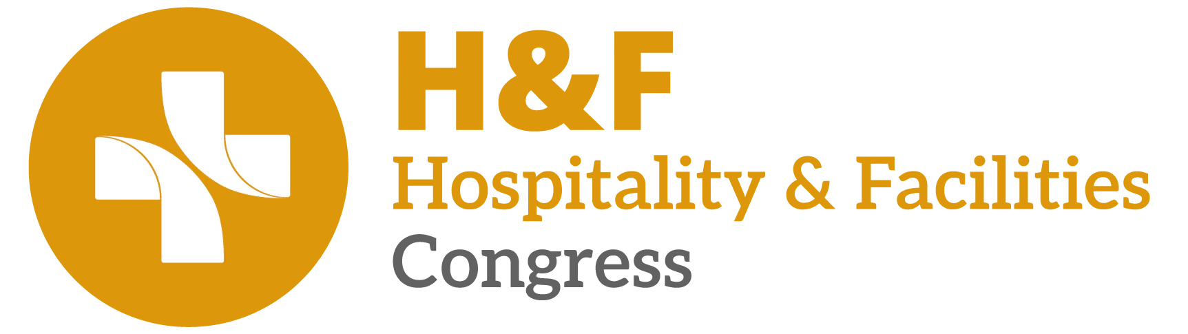 Brown rectangular button with rounded corners containing the H&F logo (a white cross over yellow and golden circles) on the left and the text 'H&F Hospitality & Facilities Congress' in white and gold on the right.