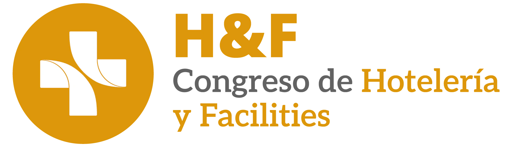 Botón rectangular marrón con bordes redondeados que contiene el logotipo de H&F (una cruz blanca sobre círculos amarillos y dorados) a la izquierda y el texto 'H&F Congreso de Hospitalidad & Facilities' en blanco y dorado a la derecha.