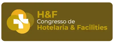 Botão retangular marrom com cantos arredondados contendo o logotipo do H&F (uma cruz branca sobre círculos amarelos e dourados) à esquerda e o texto 'H&F Congresso de Hotelaria & Facilities' em branco e dourado à direita.