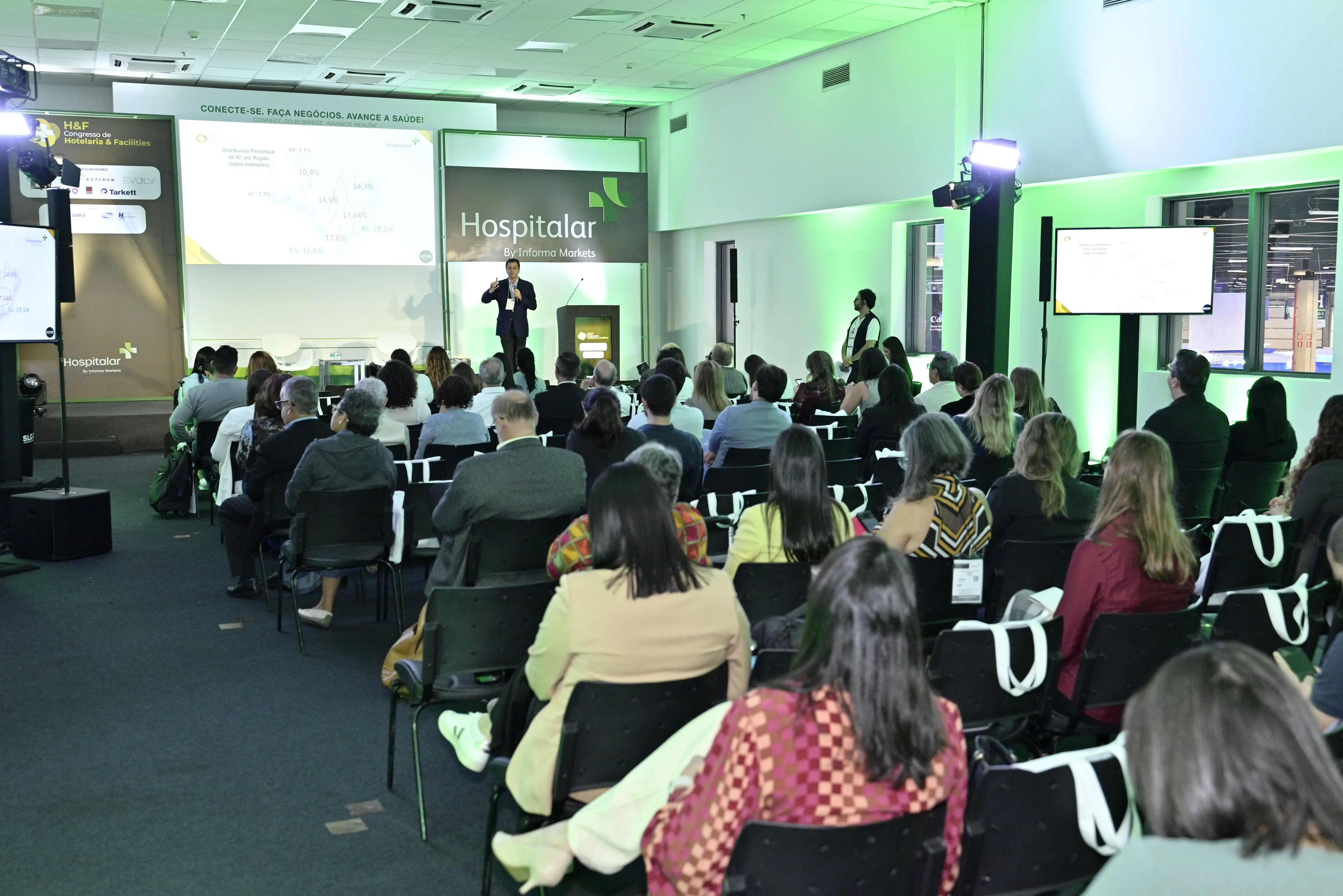 Plano geral da sala de conferências do Congresso H&F. Um palestrante está no palco apresentando um gráfico técnico no telão central. A plateia ocupa as cadeiras da sala, com monitores de retorno nas laterais e iluminação cênica em tons de verde nas paredes brancas.