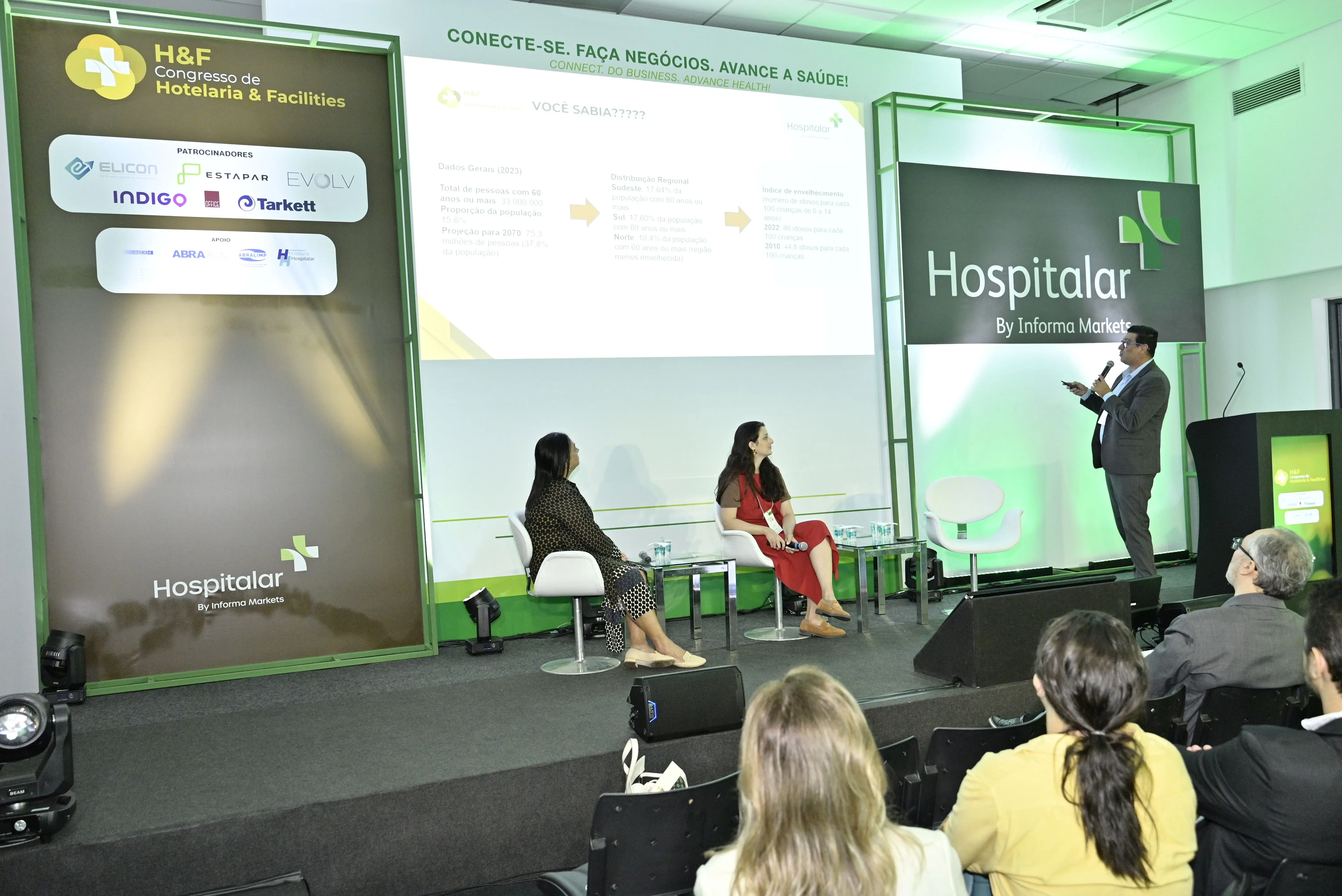 Debate no palco do Congresso H&F. Duas mulheres estão sentadas conversando enquanto um palestrante de pé, à direita, aponta para o telão que exibe dados demográficos sob o título 'Você sabia????'. O ambiente é decorado com as identidades visuais da Hospitalar e Informa Markets.